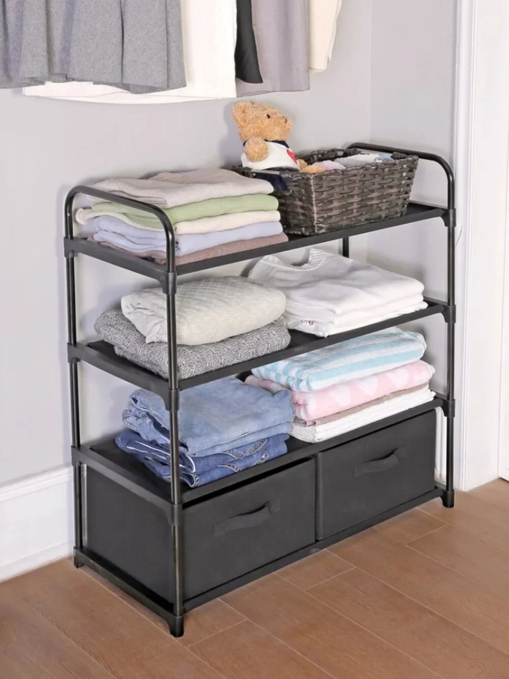 4-Shelf Closet Organizer with 2 Fabric Bins – Black